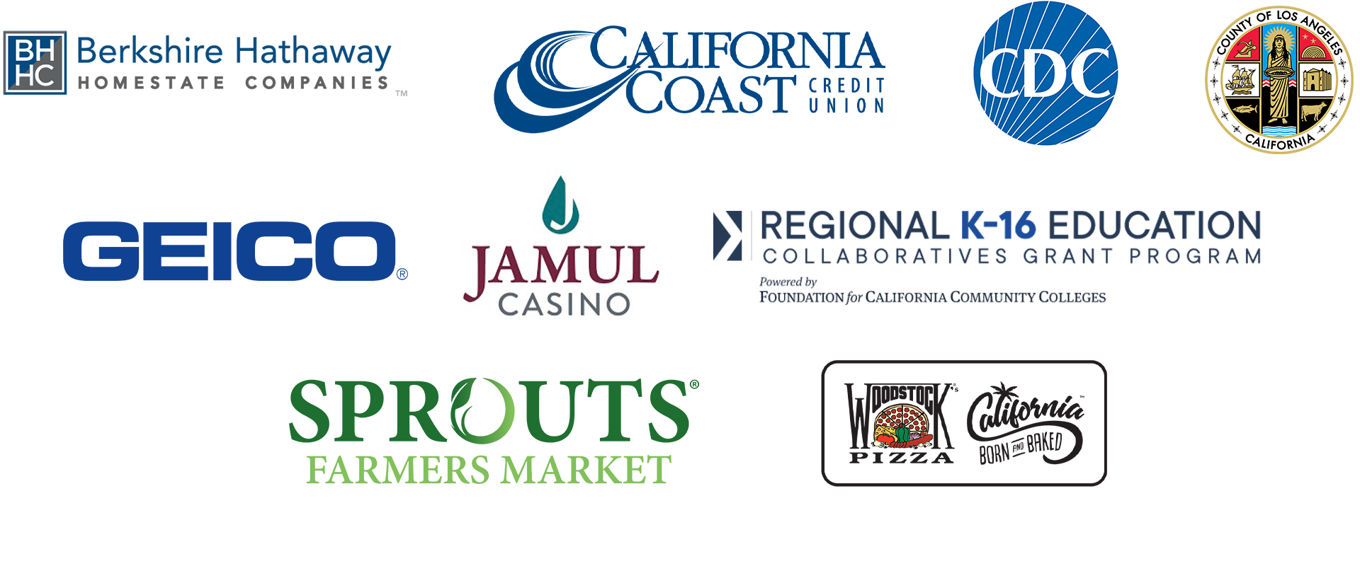 career services donors and sponsors: berkshire hathaway homestate companies, cal coast credit union, cdc, geico, sprouts, jamul casino, regional k-16 education, los angeles county seal, woodstocks berkshire hathaway homestate companies, cal coast credit union, cdc, geico, sprouts, jamul casino, regional k-16 education, los angeles county seal, woodstocks