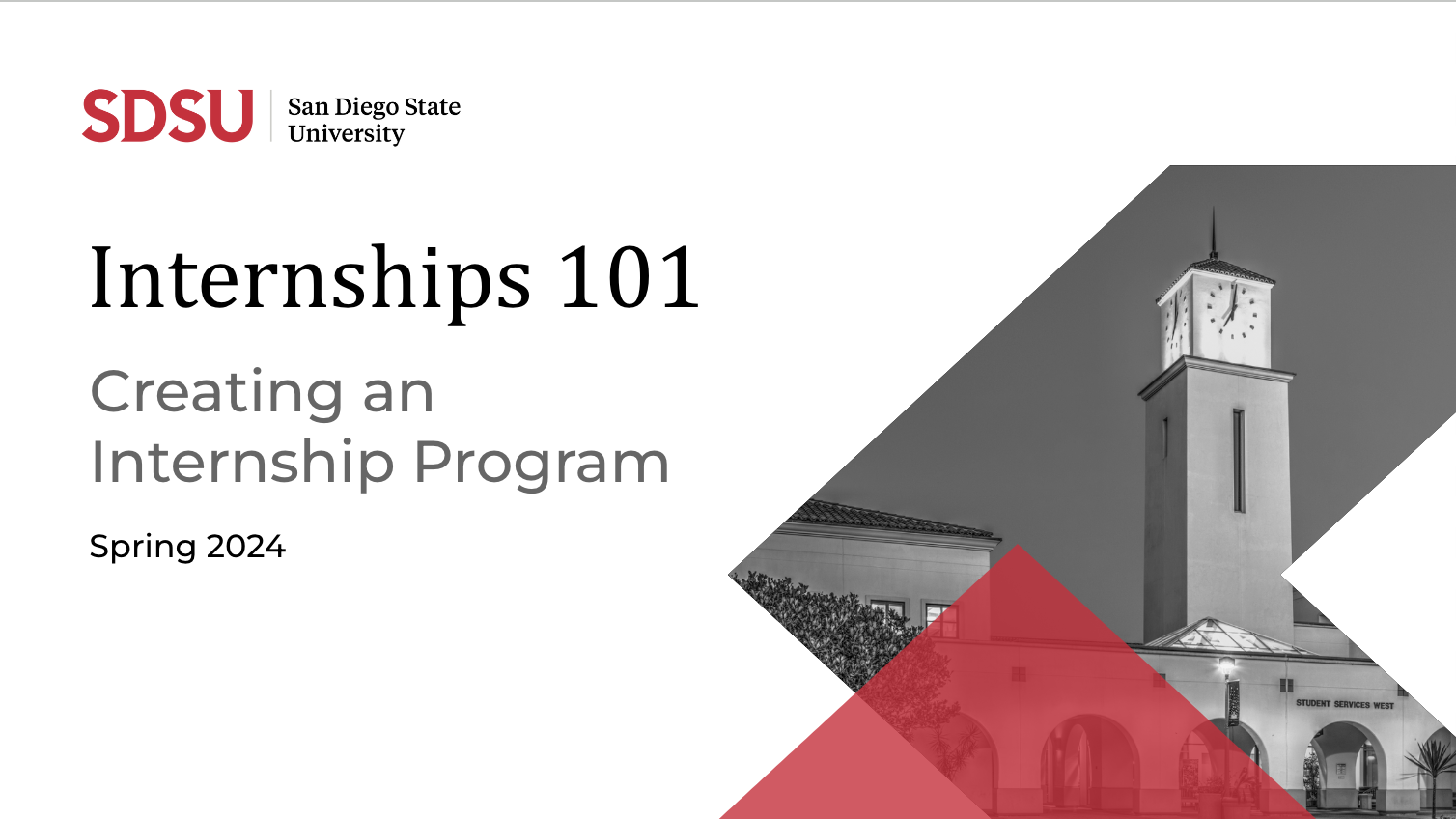 Powerpoint introduction slide that says: “Internships 101: Creating an Internship Program” and contains an image of the SDSU clock tower in Student Services West. The slide also contains the SDSU logo.